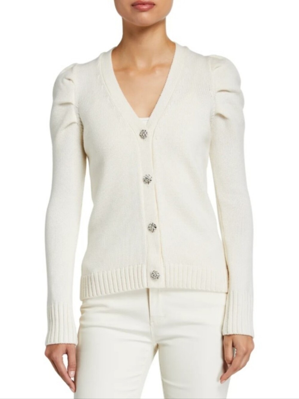 Elie Tahari elegant Merino wool cream V-neck cardigan with puff sleeves